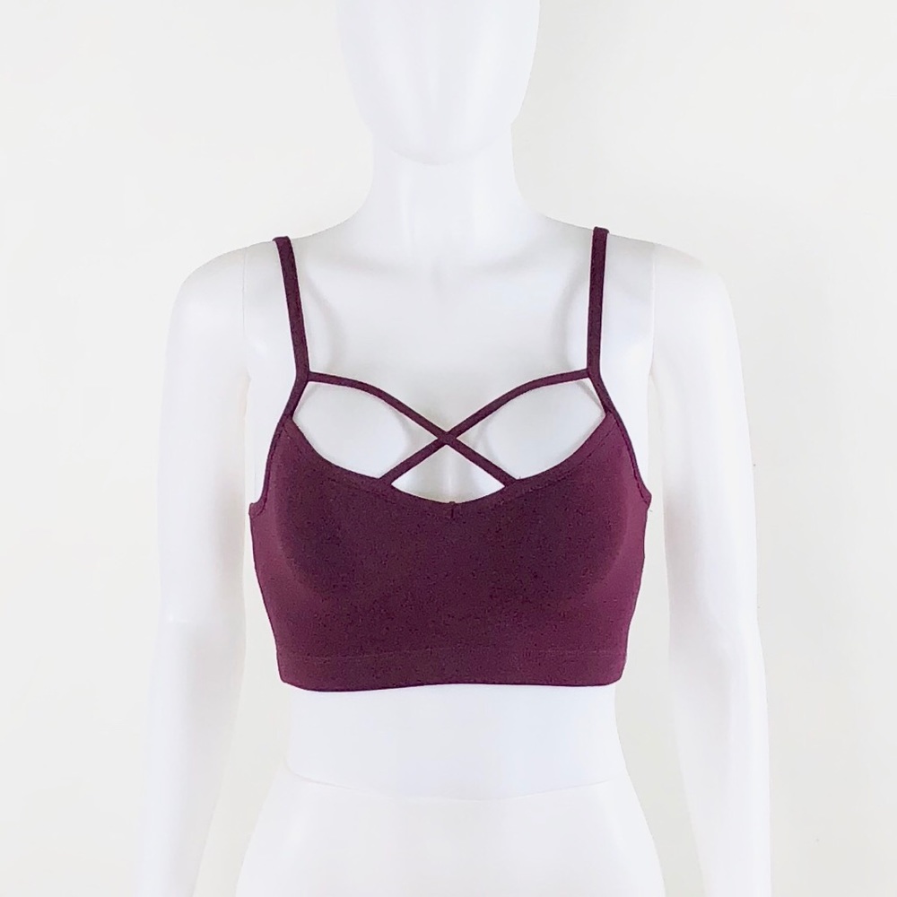 LAST TWO NWOT Wine Strappy Criss Cross Caged Bra Crop Top - Picture 3 of 7